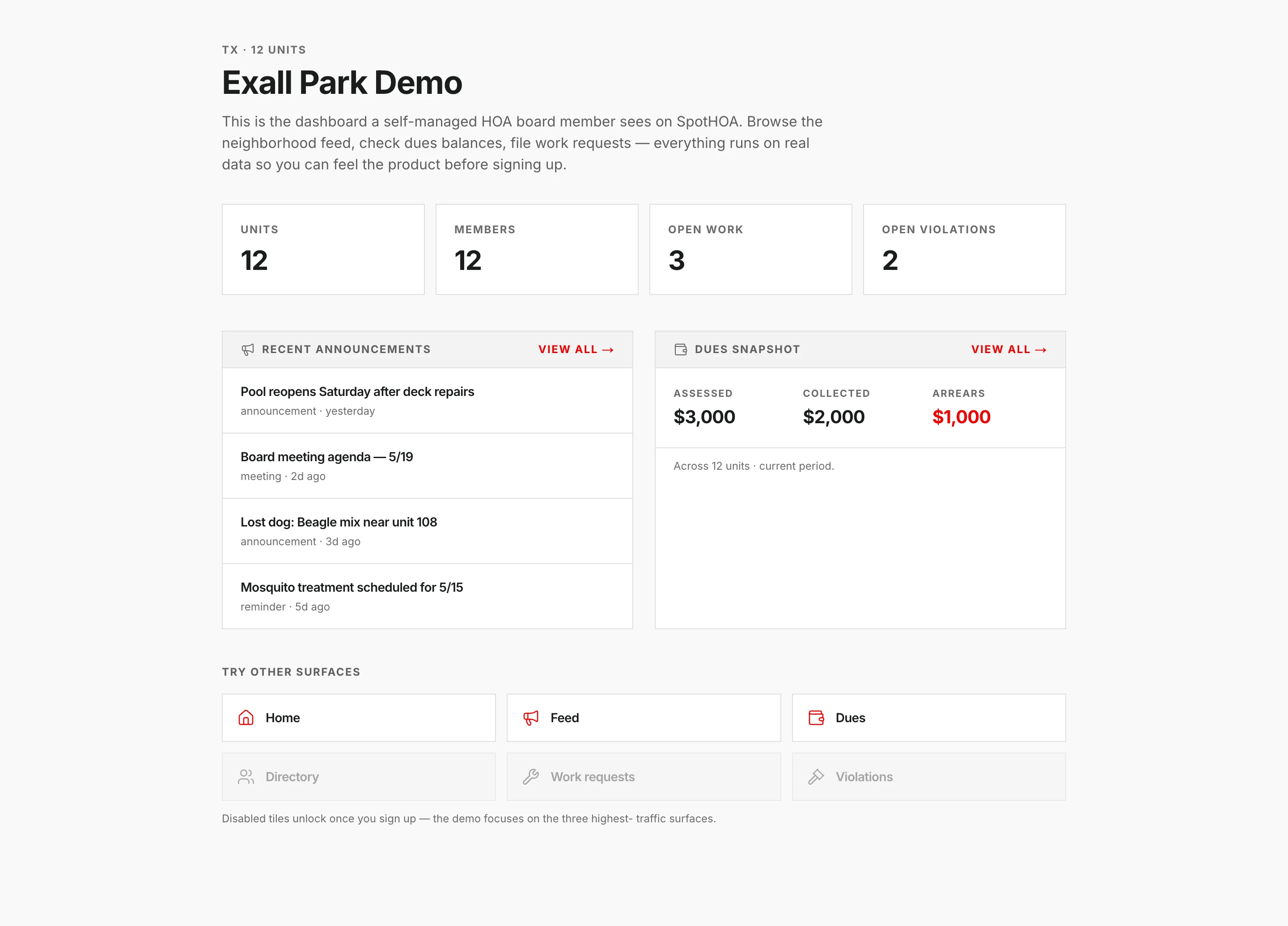 SpotHOA board dashboard for a 12-unit demo HOA: unit, member, open-work and open-violation counts, recent announcements, and a dues snapshot showing assessed, collected, and arrears totals.