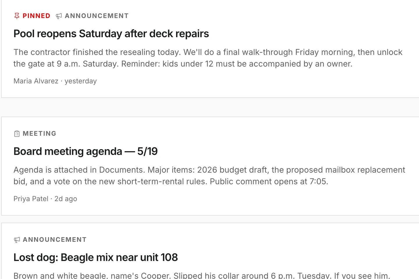 Community feed detail: a pinned announcement about pool repairs and a board meeting agenda post, each attributed to a named board member and timestamped.
